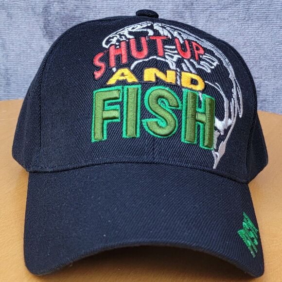Embroidered Shut Up & Fish Fishing Hat Black Adjustable Hook & Loop Trucker Cap - Picture 3 of 16